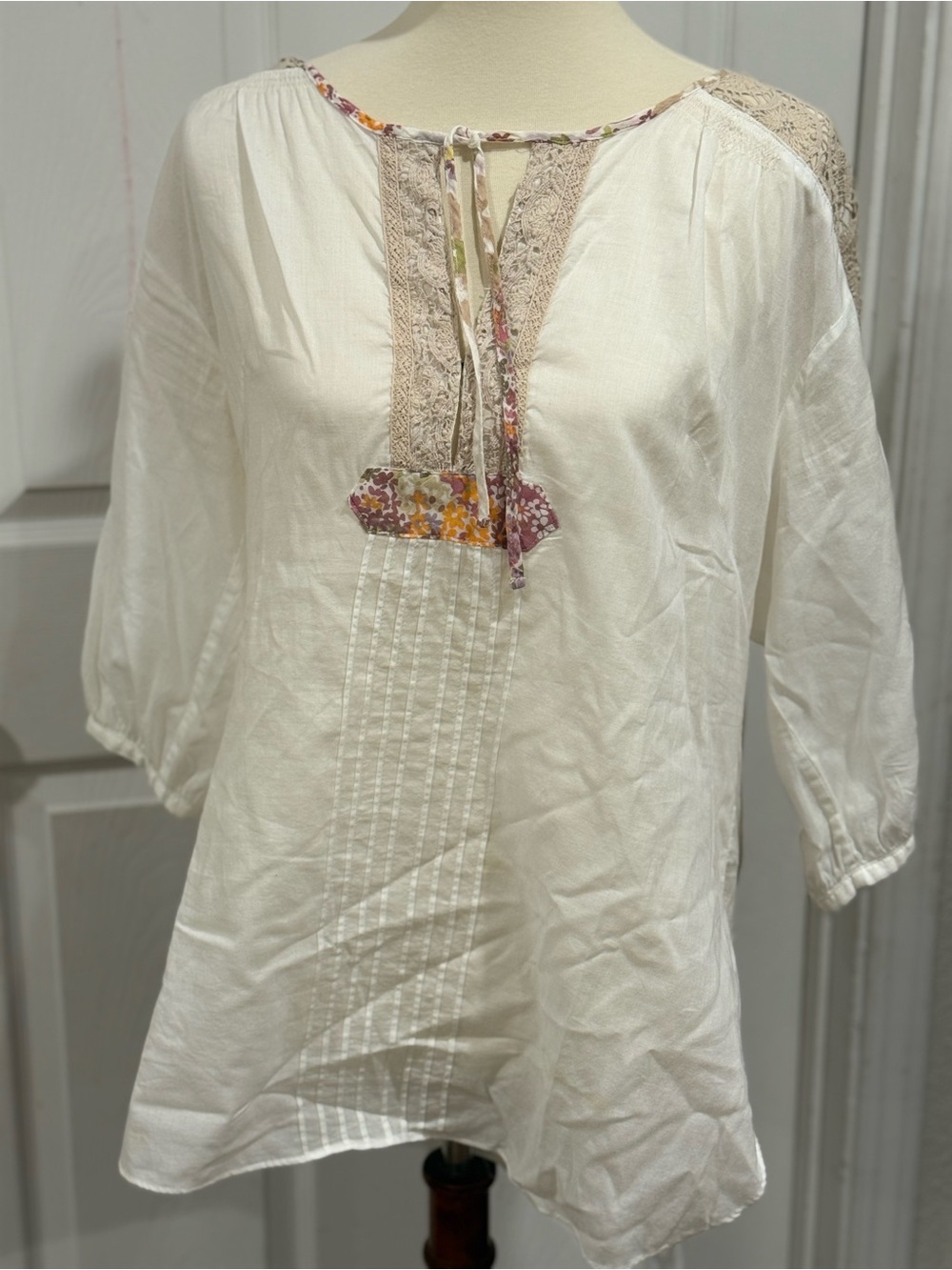 Free People Cream Boho Peasant Tunic with Floral Trim
